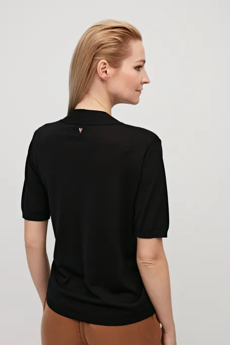 Schwarzes Oberteil mit Wolle V-Ausschnitt