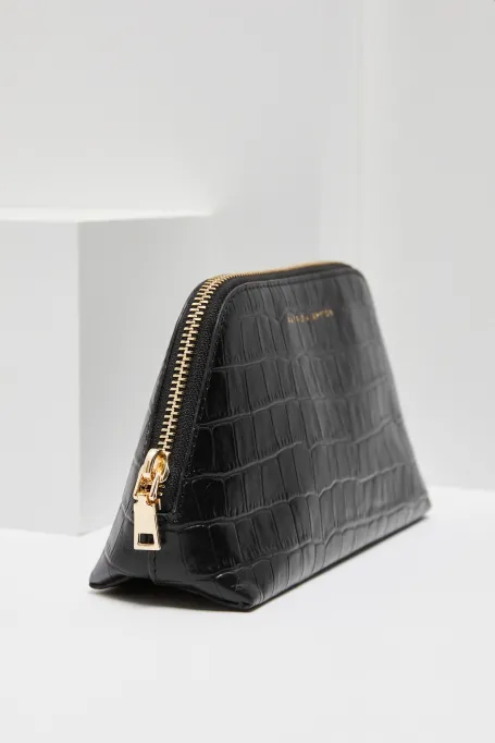 Schwarze Leder-Kosmetiktasche Croco schwarz