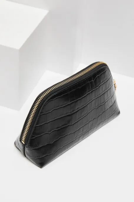 Schwarze Leder-Kosmetiktasche Croco schwarz