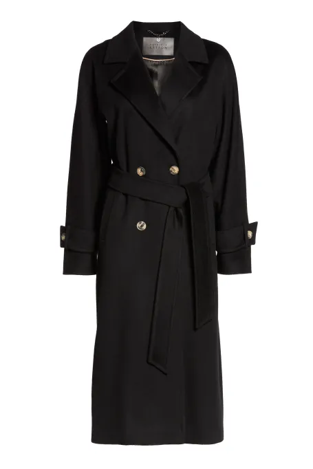 Langer schwarzer Wollmantel mit Gürtel