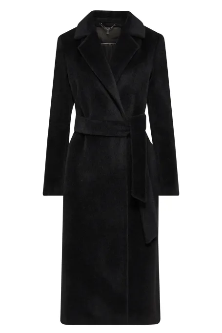 Schwarzer Mantel mit Gürtel aus Suri-Alpaka
