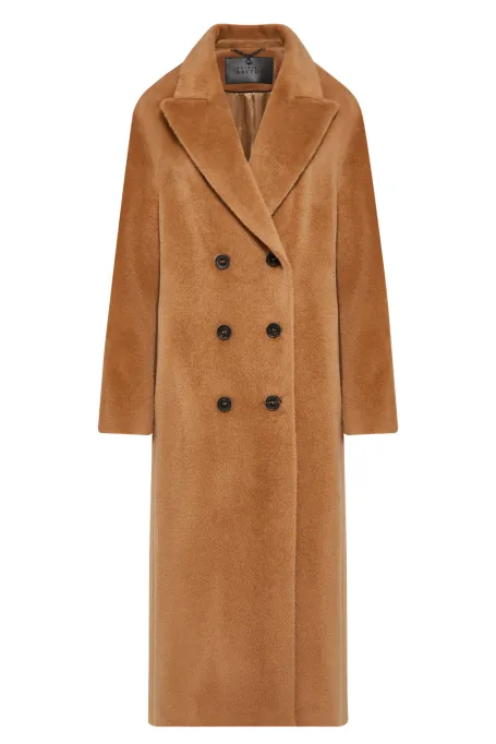 Camelfarbener Doppelreihiger Mantel aus Suri-Alpaka