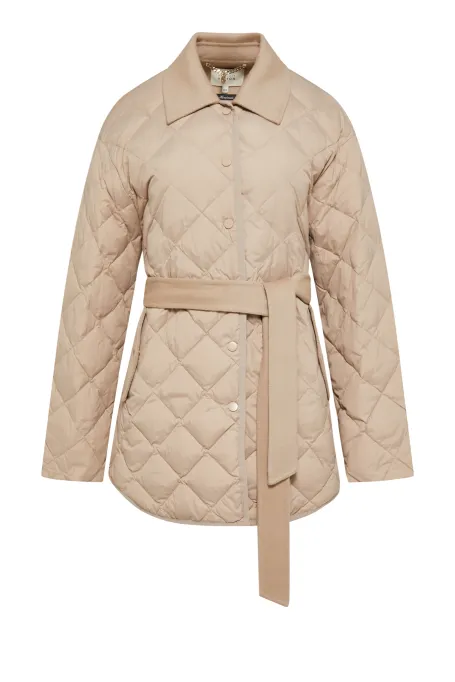 Beige Daunenjacke mit Gürtel