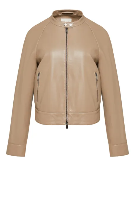 Beige Lederjacke mit Stehkragen