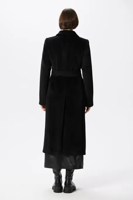 Schwarzer Mantel mit Gürtel aus Suri-Alpaka