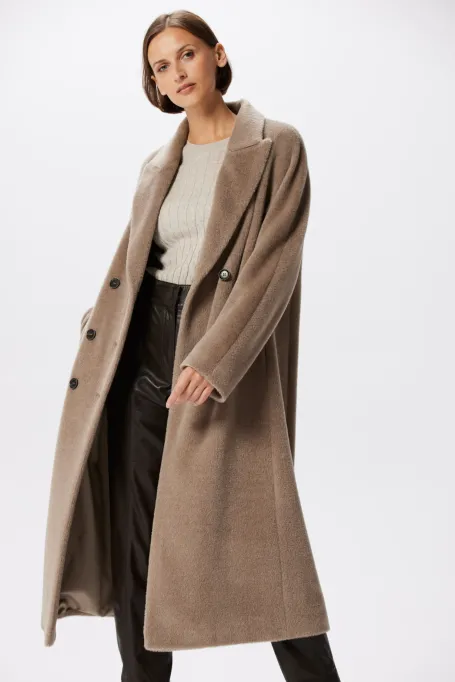 Beiger Zweireiher-Mantel mit Suri-Alpaka