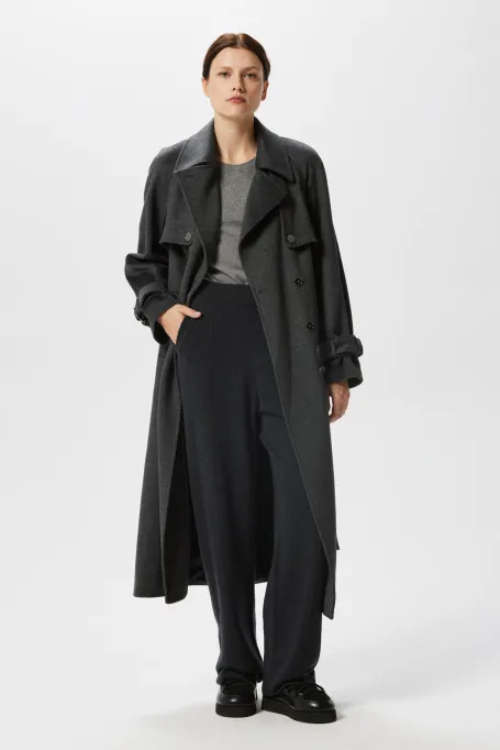 Grauer Woll-Trenchcoat mit Seide und Kaschmir