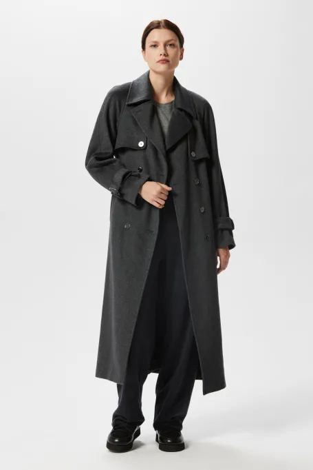 Grauer Woll-Trenchcoat mit Seide und Kaschmir
