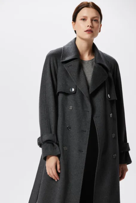 Grauer Woll-Trenchcoat mit Seide und Kaschmir