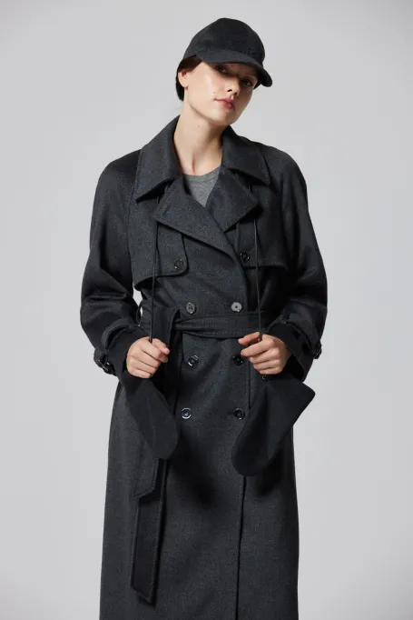 Grauer Woll-Trenchcoat mit Seide und Kaschmir