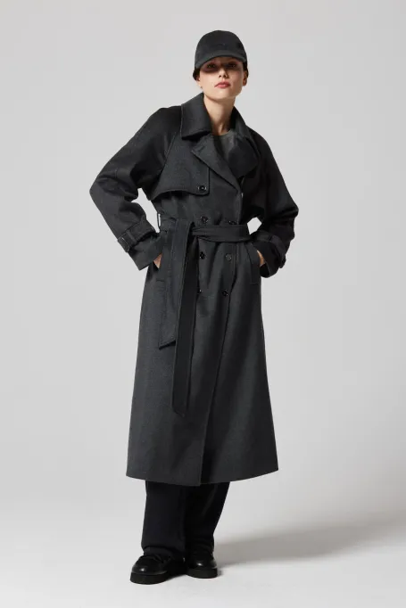 Grauer Woll-Trenchcoat mit Seide und Kaschmir