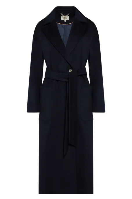 Dunkelblauer Wollmantel mit Gürtel