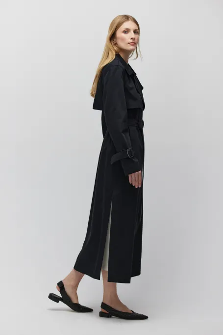 Schwarzer Baumwoll-Trenchcoat mit Gürtel