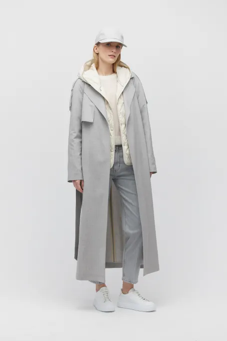 Grauer Woll-Trenchcoat mit Gürtel