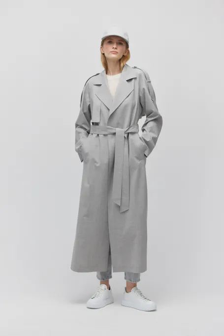 Grauer Woll-Trenchcoat mit Gürtel