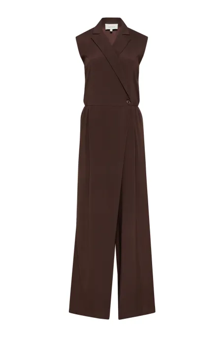 Seidiger schokoladenbrauner Overall mit weitem Bein