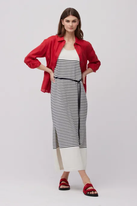 Midikleid mit Streifen aus Seide und Baumwolle weiß