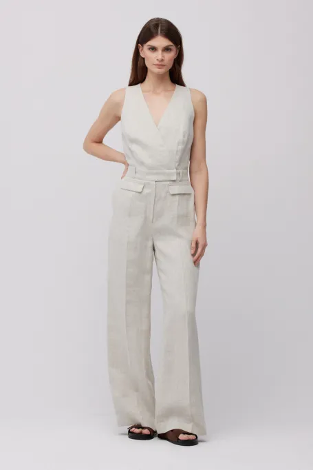Beiger Leinen-Jumpsuit mit weiten Beinen