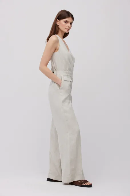 Beiger Leinen-Jumpsuit mit weiten Beinen