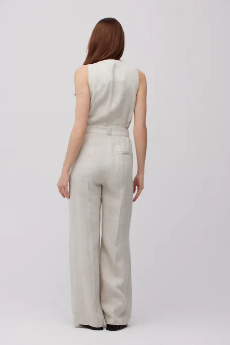 Beiger Leinen-Jumpsuit mit weiten Beinen