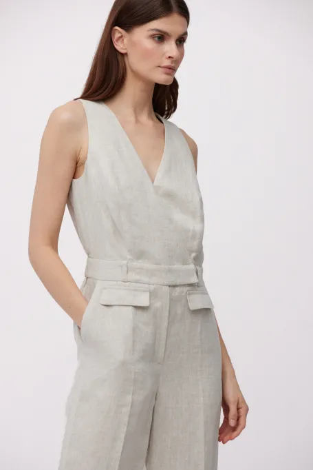 Beiger Leinen-Jumpsuit mit weiten Beinen