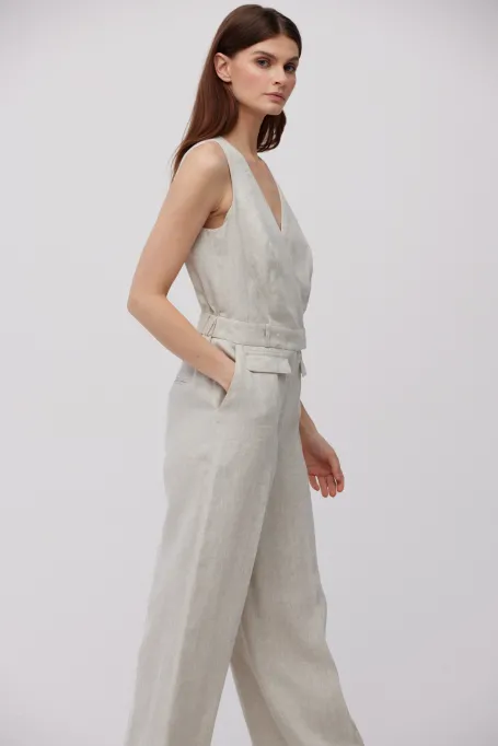Beiger Leinen-Jumpsuit mit weiten Beinen