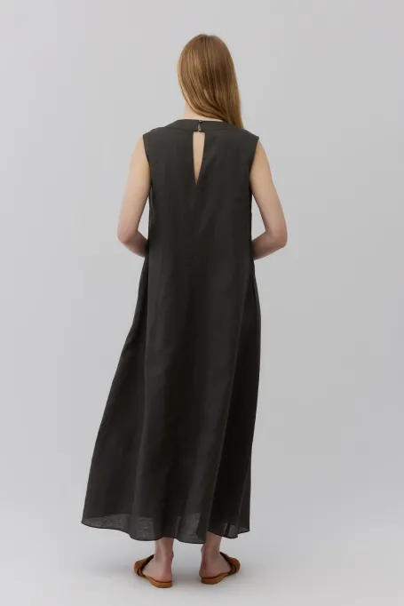 Dunkelgrünes Maxi-Leinenkleid ohne Ärmel grün