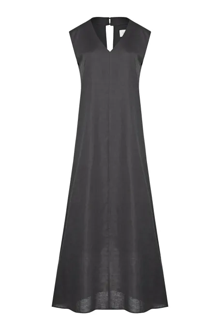 Dunkelgrünes Maxi-Leinenkleid ohne Ärmel grün