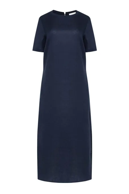 Marineblaues Leinenkleid mit kurzen Ärmeln