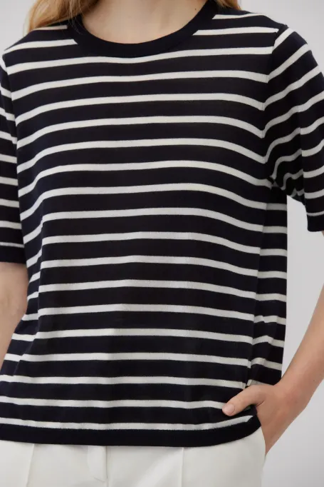 T-Shirt in Weiß und Marineblau gestreift aus Lyocell und Kaschmir marine