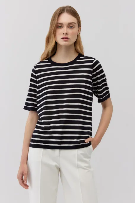 T-Shirt in Weiß und Marineblau gestreift aus Lyocell und Kaschmir marine