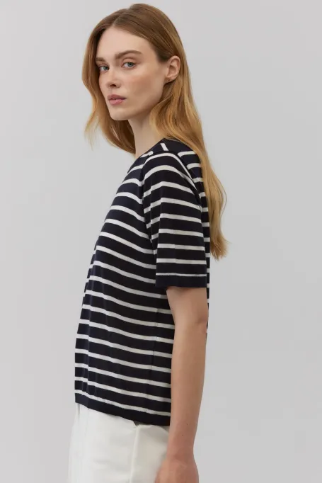 T-Shirt in Weiß und Marineblau gestreift aus Lyocell und Kaschmir marine