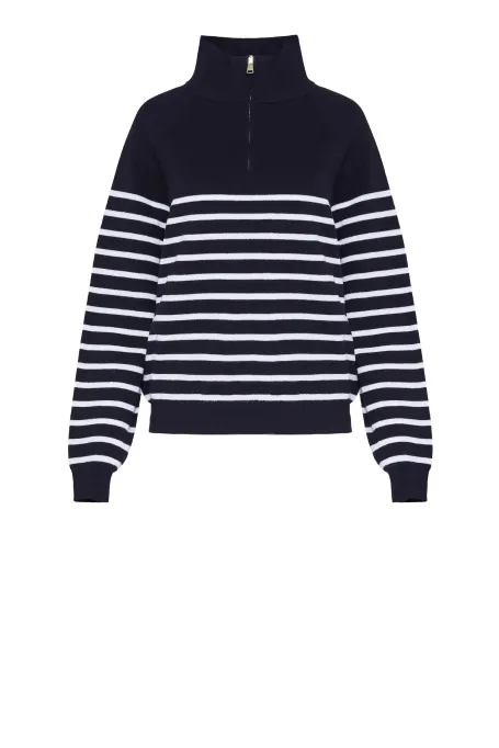 Marineblauer gestreifter Pullover aus Merinowolle marine