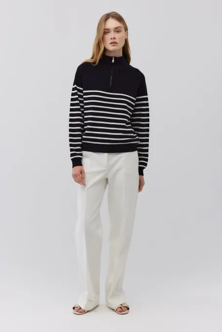 Marineblauer gestreifter Pullover aus Merinowolle marine