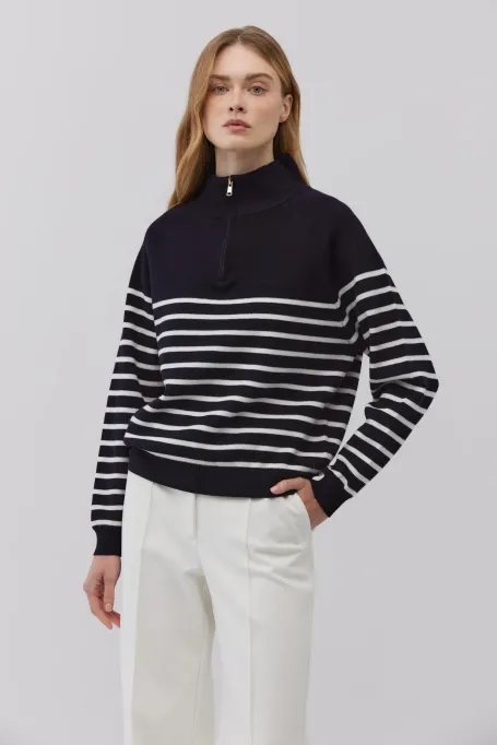 Marineblauer gestreifter Pullover aus Merinowolle marine
