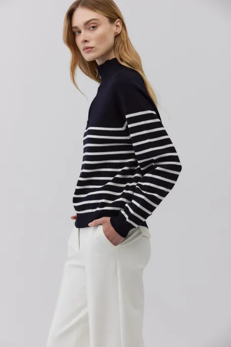 Marineblauer gestreifter Pullover aus Merinowolle marine