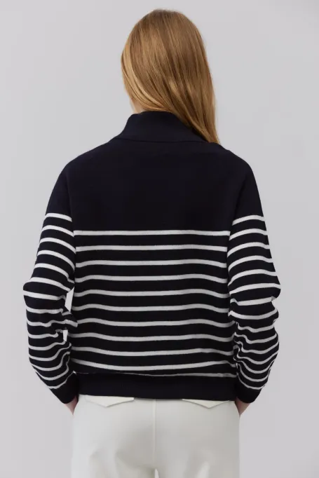 Marineblauer gestreifter Pullover aus Merinowolle marine