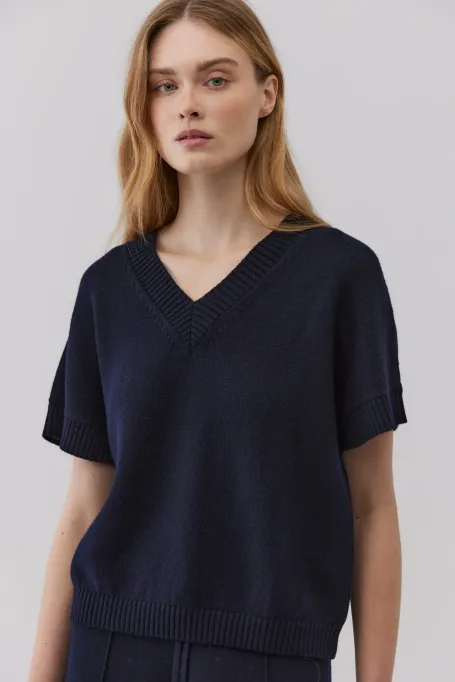 Merinowollbluse mit V-Ausschnitt marine