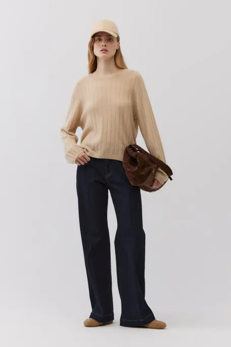 Beige Kaschmirbluse mit Streifen
