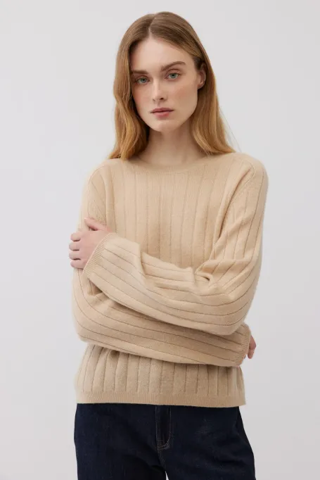 Beige Kaschmirbluse mit Streifen