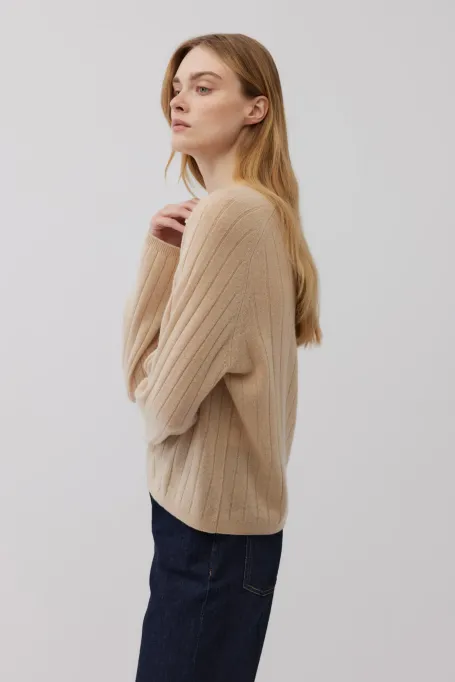 Beige Kaschmirbluse mit Streifen