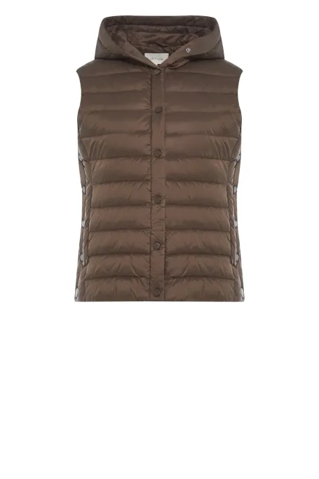 Braune Daunenweste mit Kapuze