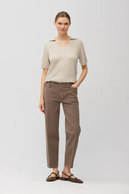 Beige Polobluse aus Merinowolle
