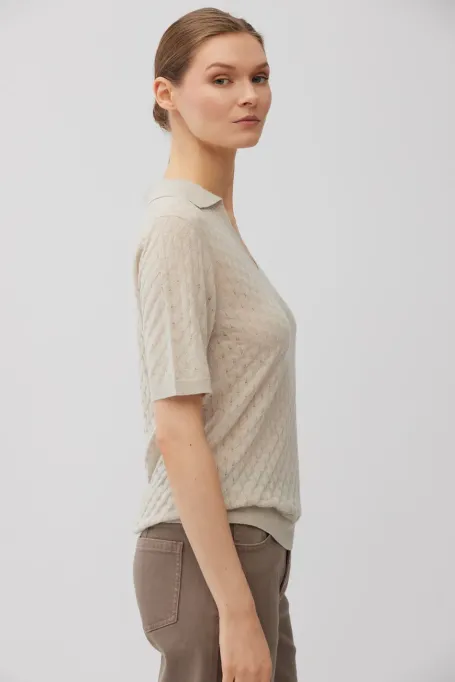 Beige Polobluse aus Merinowolle