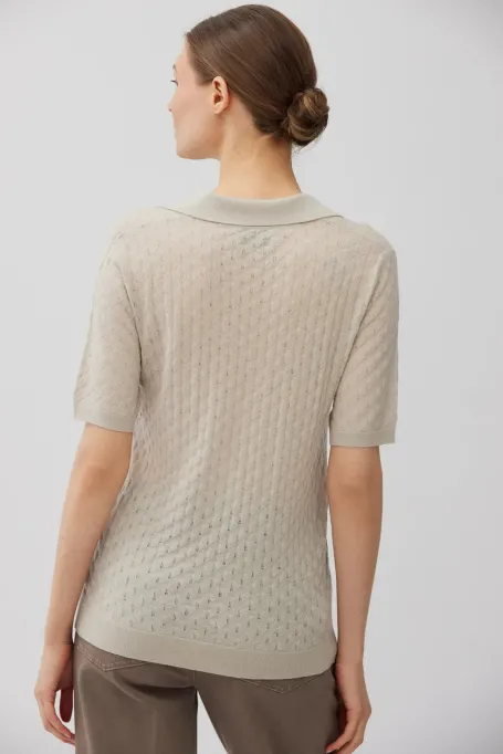 Beige Polobluse aus Merinowolle