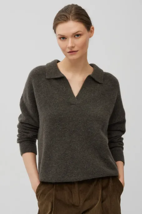 Brauner Polo-Pullover mit Alpakawolle