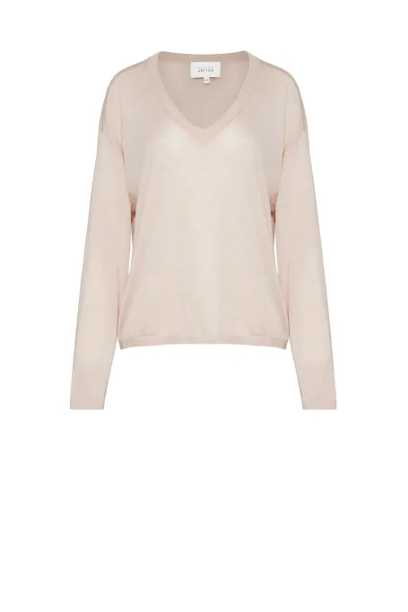 Beige Kaschmirbluse mit V-Ausschnitt