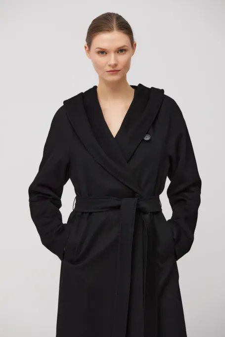 Schwarzer Kaschmirmantel mit Kapuze