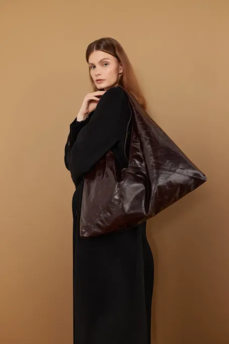 Auberginefarbene Shopper-Ledertasche rot