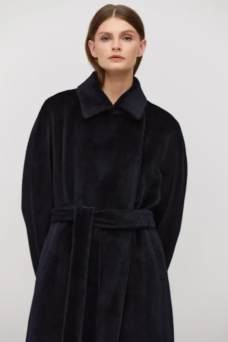 Dunkelblauer Mantel mit Gürtel aus Baby-Suri-Alpaka